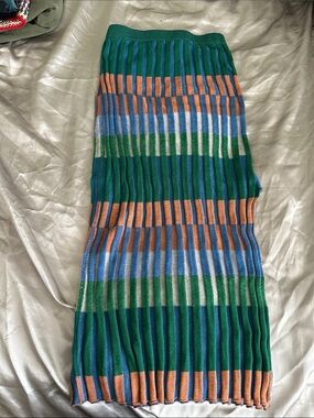 Striped Ribbed Midi Skirt in Green, Blue & Orange